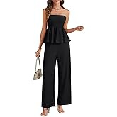 LYANER Women's 2 Piece Outfits Ruffle Hem Tube Top and Wide Leg Pant Sets Suit with Pocket