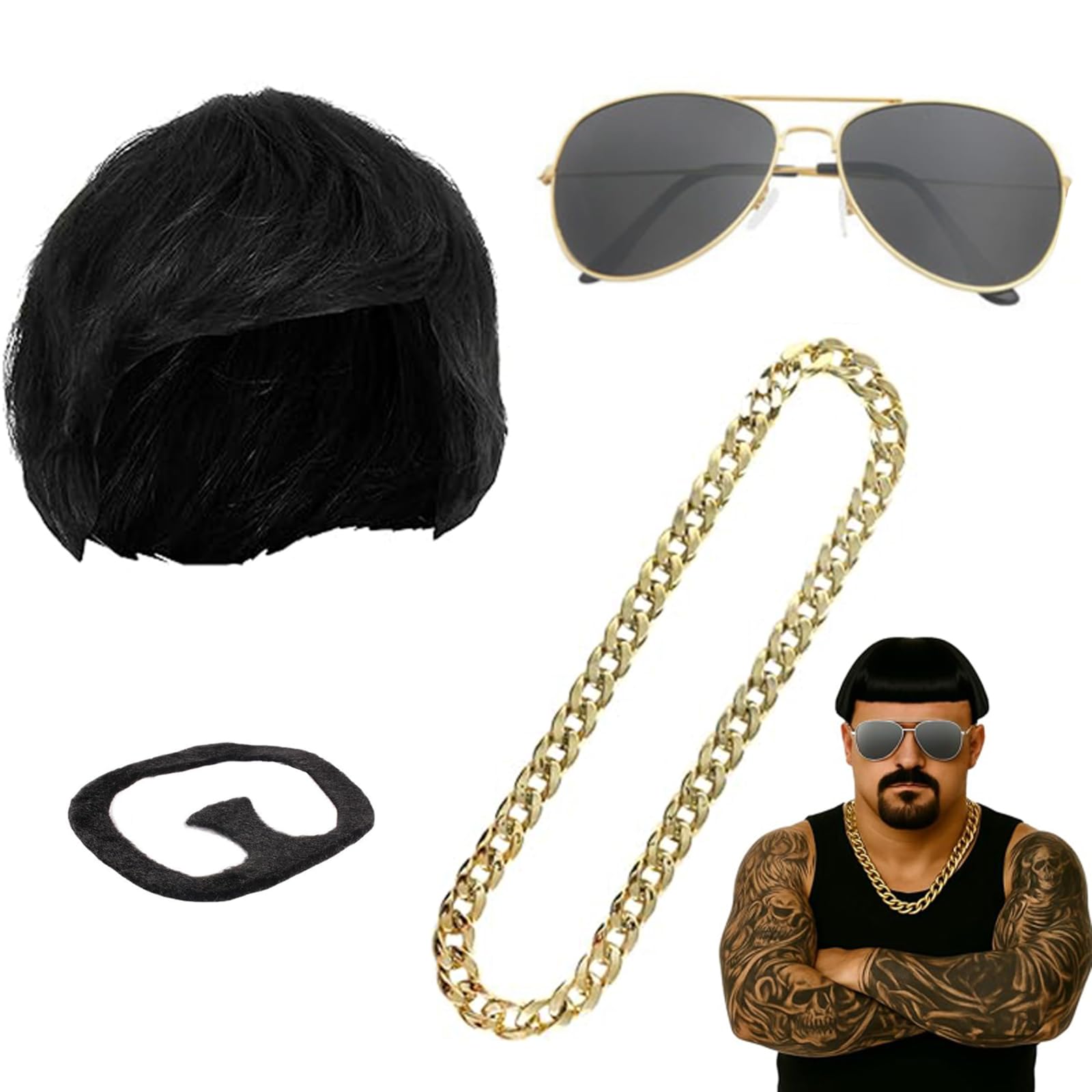 ZcrPrn Ibiza Costume Accessory Set, Black Bowl Cut Wig with Goatee and Gold Chain & Glasses, Funny Fancy Dress Accessories for Halloween Parties and Festivals and Themed Events