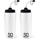 50 Strong 1 Liter Water Bottle with Straw – 2-Pack Easy-Squeeze Sports Bottles with Long Straw & Built-In Finger Grip – BPA-Free – Made in USA – Ideal for Hockey, Football, Lacrosse & Boxing