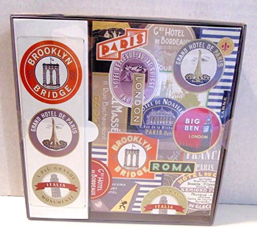Fringe Travel (12) Note Cards , (12) Envelopes , and (12) Stickers Decoupage Paris, Roma, Brooklyn Travel Lables
