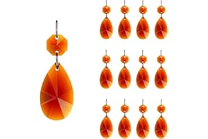 12pcs 38mm Teardrop Crystal Chandelier Prisms Parts with Glass Octagon Beads Chain for Chandeliers, Wedding Party, Christmas Decoration GOLDENHAITAI (Amber)