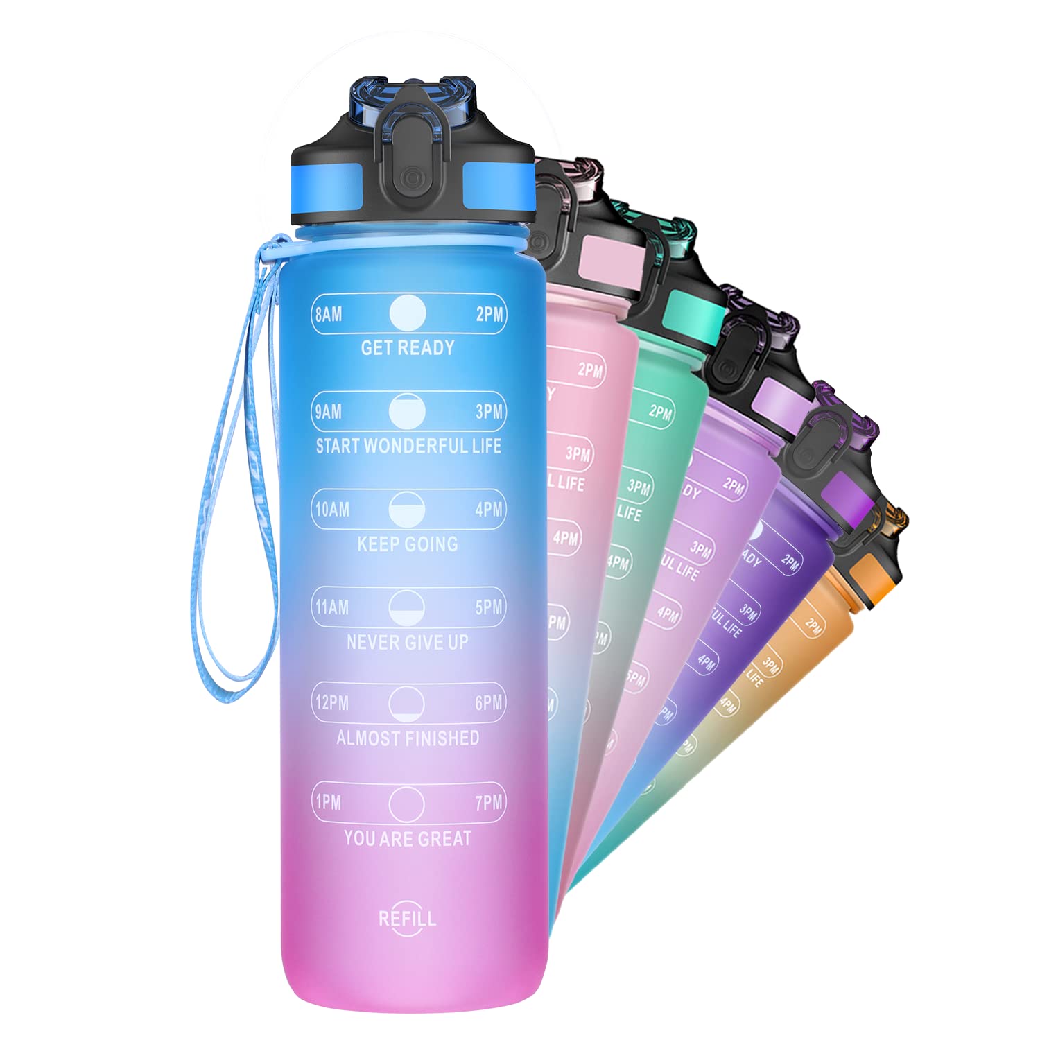 ETDW 1Litre Water Bottle with Straw and Leakproof Flip Top Lid, 1000ml Tritan Cycling Bottles with Time Marker BPA Free for Cycling, Running, Gym, Yoga, Camping