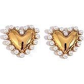 Gold Puffy Heart Pearl Stud Earrings for Women,Vintage Bohemian Geometric Love Statement Earrings,Personalized Trendy Jewelry Accessories Gifts