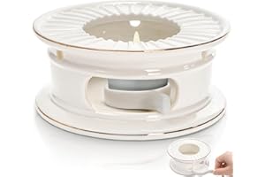 Nagpew Ceramic Teapot Warmer, Gold Rim Teapot Heater with Tealight Holder, White Porcelain Tea Kettle Holder Warming Base for Heating Coffee, Milk, Water, Soup
