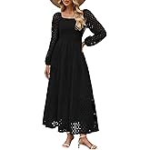 Women's Fall Long Puff Sleeve Maxi Dress Smocked Square Neck Lace Hollow Out Eyelet A Line Boho Flowy Wedding Guest Dresses