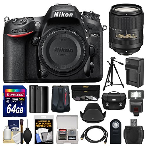 Nikon D7200 Wi-Fi Digital SLR Camera Body with 18-300mm VR Lens + 64GB Card + Case + Flash + Battery/Charger + Tripod + Kit