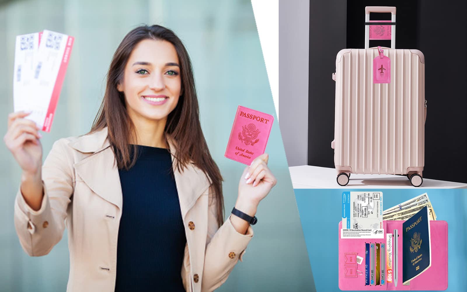 Passport Holder With Luggage Tag Travel Essentials Passport Cover Travel Wallet RFID Blocking Leather Case International Travel Must Haves Travel Accessories Women Men(115#Pink)