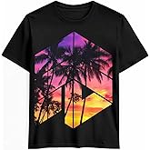 Graphic Mens T-Shirt, Purple Sunset Geometric Splicing Cotton Tees Short Sleeve Shirts Summer Gym Casual Tops