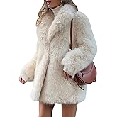 PEHMEA Women's Mid-Length Faux Fur Coats Winter Warm Fuzzy Jackets Lapel Fashion Luxury Fluffy Shaggy Parka Coat