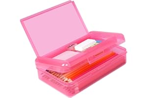 DANRONG Plastic Pencil Box, Large Capacity Pencil Case, Pencil Boxes Double Layer for Kids Adults, Colored Pencil Case, Hard Crayon Box Storage with Snap-Tight Lid for School Office Supplies (Pink)