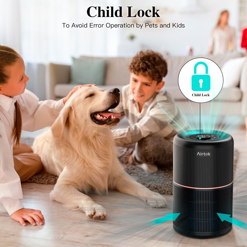 AIRTOK HEPA Air Purifier for Home Bedroom with Fragrance Sponges | 4-In-1 H13 True HEPA Air Filter for Smoke Dust Pollen Pet Dander Odors,99.97% Removal to 0.1 Microns | Ozone-Free, Night Light,Black