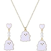 ONLYJUMP Ghost Earrings Necklace Sets for Women Cute Funny Heart Pearl White Ghost Earrings Creative Halloween Costume Accessories Gifts