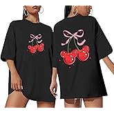 Vieawfi Magical Shirt for Women Cherry Bow Graphic Oversized T Shirt Family Holiday Vacation Funny Cute Aesthetic Tee Tops