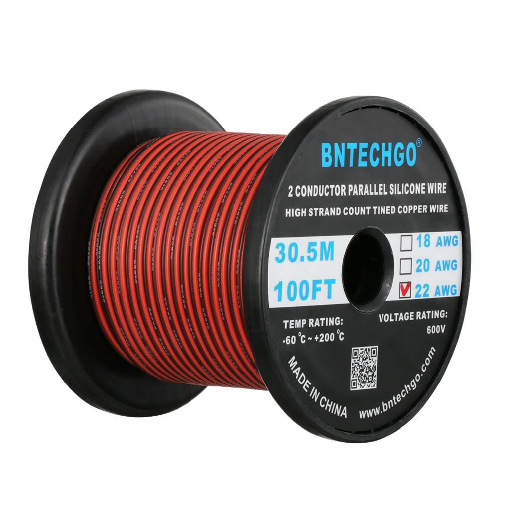 BNTECHGO 22 Gauge Flexible 2 Conductor Parallel Silicone Wire Spool Red Black High Resistant 200 deg C 600V for Single Color LED Strip Extension Cable Cord,model,100ft Stranded Tinned Copper Wire