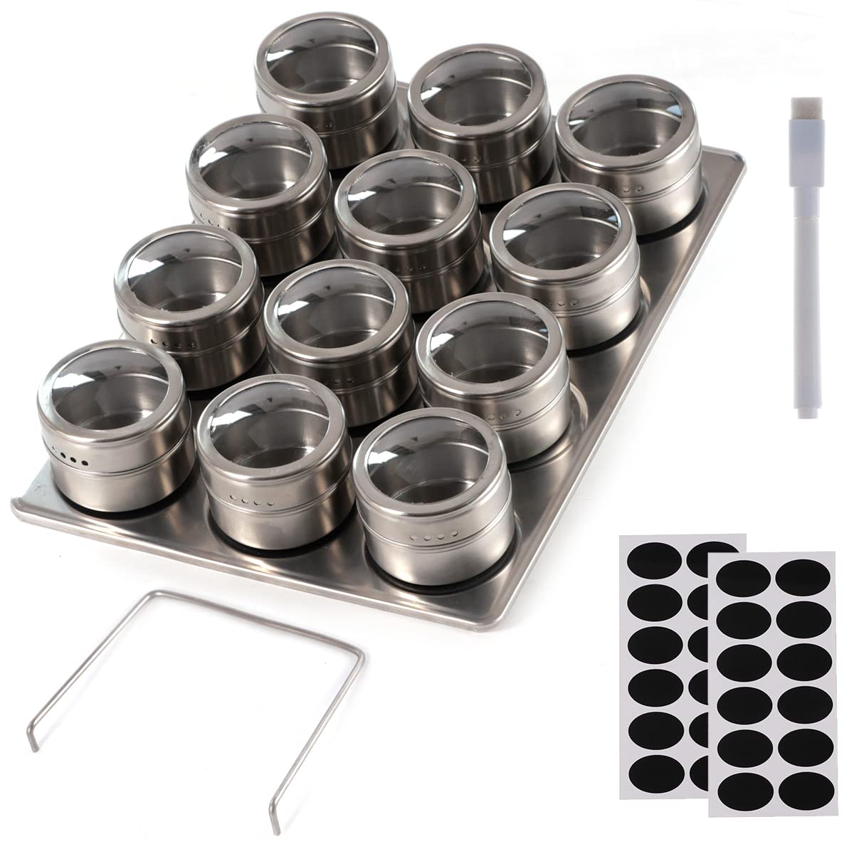 AyeVision 12 Pieces Magnetic Spice Jars Containers Stainless Steel Round Magnetic Spice Jars Set 100ml Circular Tins Spice Storage Containers Lidded Box Set and Magnetic Base for Kitchen