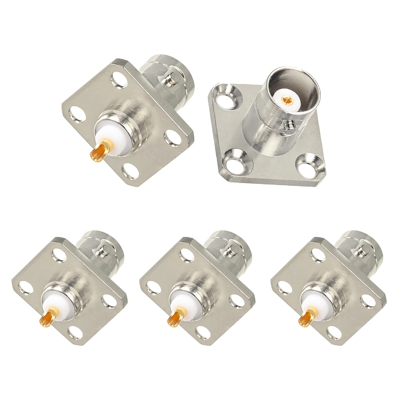 Superbat BNC Female Solder Connector 4 Hole Flange Panel Chassis Mount 50ohm Coax Connector for Module, Test/PC/LAN Board, Spectrum/Network Analyzer, Secyrity Camera 5Pcs