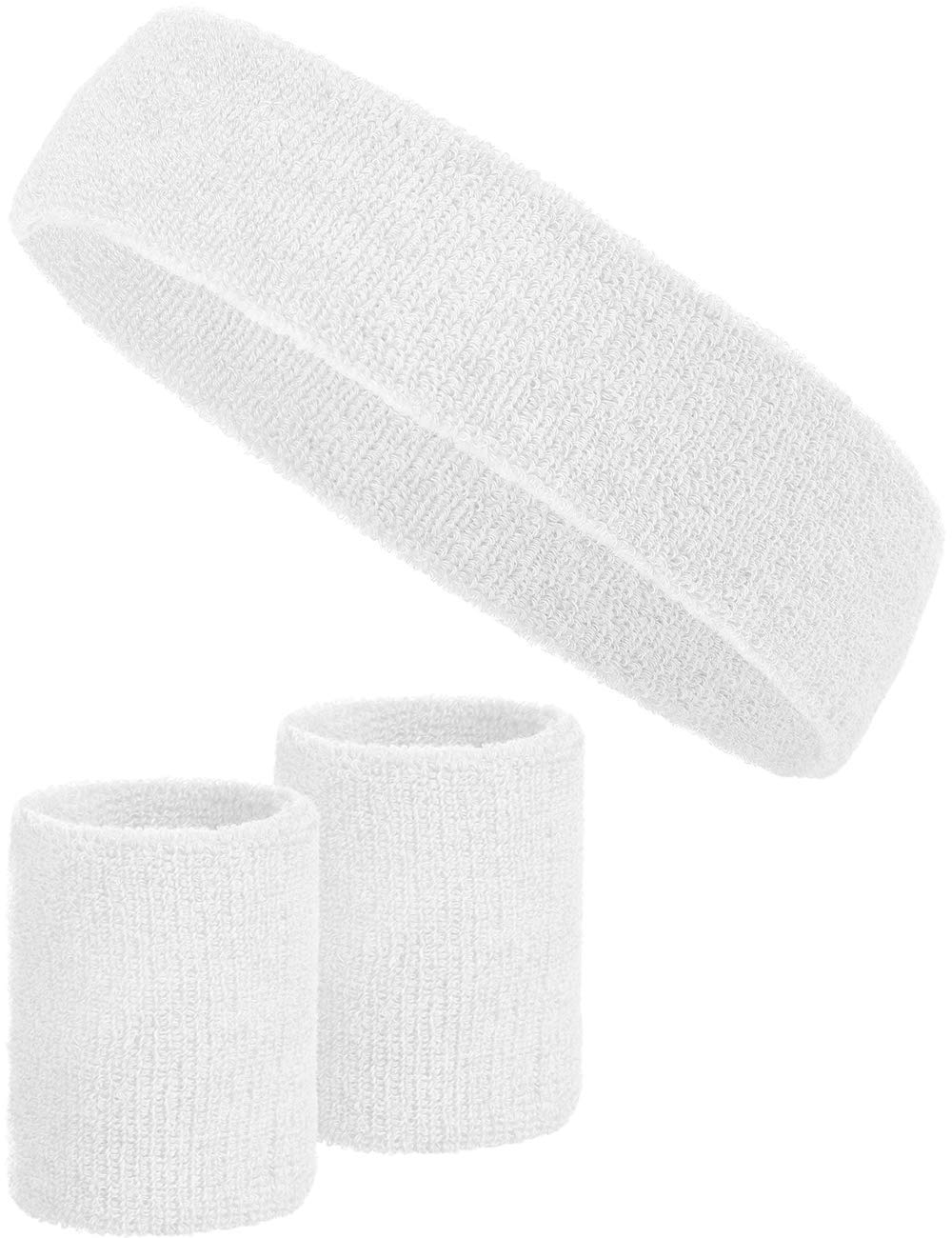 3-piece sweatband set with 2x sweatbands for wrists + 1x headband for women & men (White)