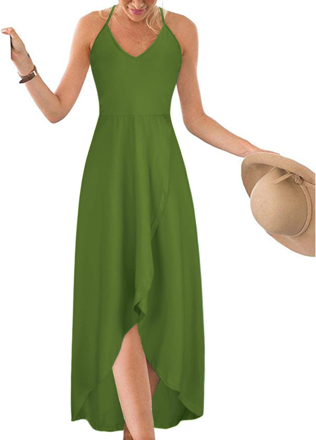 KILIG Women's V Neck Sleeveless Casual Summer Sundresses Asymmetrical Patchwork Floral Maxi Dresses