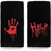 Halloween Bathroom Hand Towels, 100% Cotton Embroidered Bloody Hand Towels | Soft Black Halloween Bath Towels Set of 2, 14x29 Inch, Horror Bathroom Decor