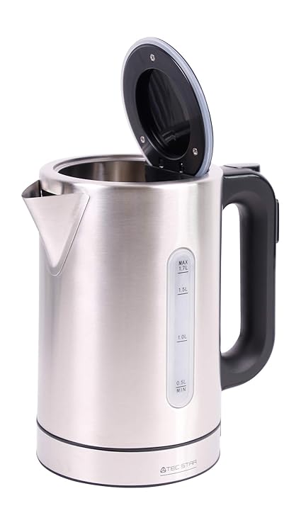 TEC STAR Wasserkocher mit Digitalanzeige, LED-Beleuchtete Wasserstandsanzeige, 2200 Watt, Herausnehmbarer Kalkfilter, Silber