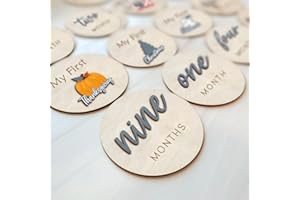 CEPHIRA Monthly Baby Milestone and First Holiday Signs, Wooden Baby Months Disc Set 1-12, Hello World Newborn Announcement Props (Blue)