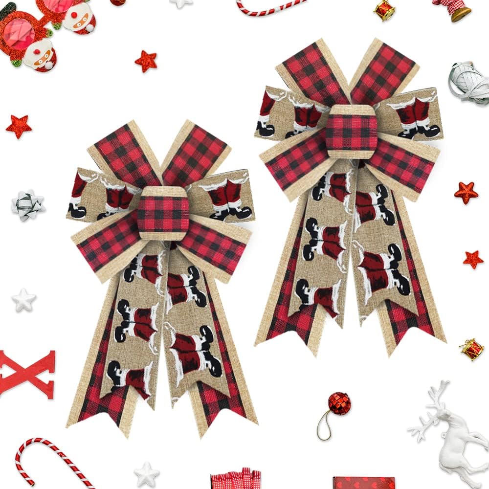 Bows & Ribbons - 2pcs Christmas Wreath Bows Christmas Santa Foot Bows Red Brown Plaid Burlap Bows for Wreaths, Christmas Ribbon Bows Tree Topper Bow for New Year Home Indoor Outdoor Decoration Wreath Ornament Supplies