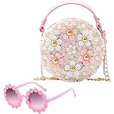 Cute Toddler Little Girls Round Crossbody Bag with Sunglasses Pearl & Flower Princess Style Handbag with Gift Box Package