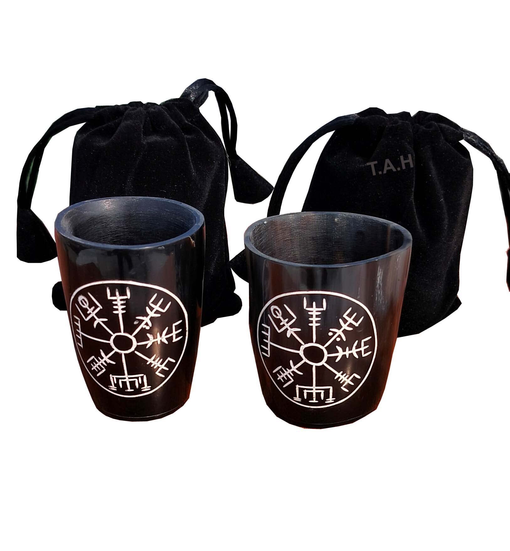 THE ANTIQUE HOUSE Viking Drinking Authentic Medieval Short Glass Horn Mug Whisky Vodka Handcrafted 3 Inch Cup with Black Velvet Bag Pack of 2