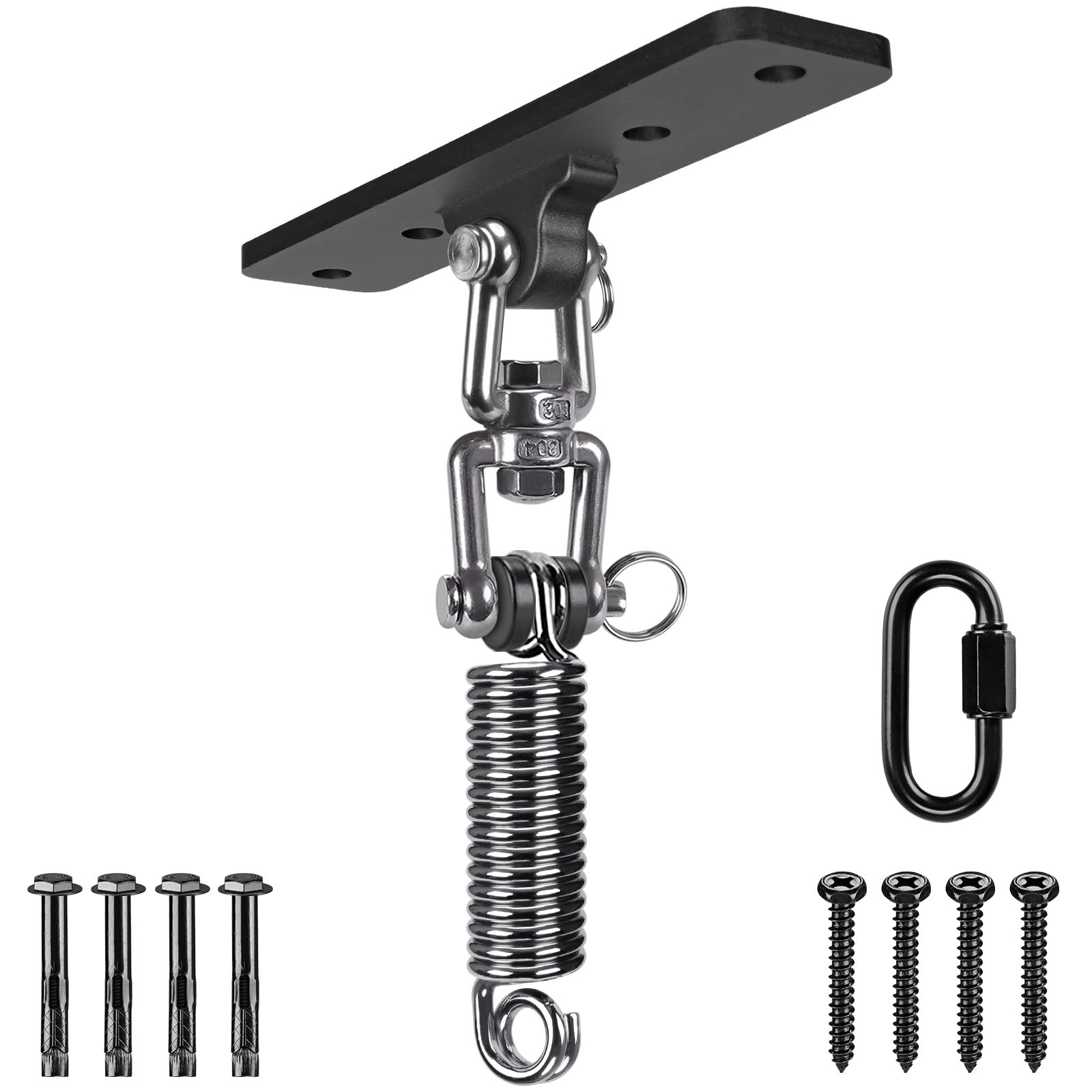 Dolibest Punching Bag Hanger, Boxing Ceiling Hook Punch Holder 4 Hole Swing Bracket 360 Swivel with Carabiner&M6 Spring for Hanging Heavy Bag Hammock Chair Wood/Concrete Wall Beam Mount, up to 350lbs