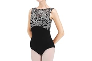 Dance Elite - Larkin - Dance Leotard with Black & White Floral Lace, Sleeveless Dance Leotard For Women