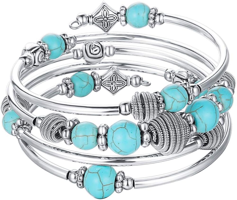PEARL&CLUB Beaded Chakra Bangle Turquoise Bracelet - Fashion Jewelry Wrap Bracelet with Thick Silver Metal and Mala Beads, Birthday Gifts for Women (A:Turquoise): Jewelry