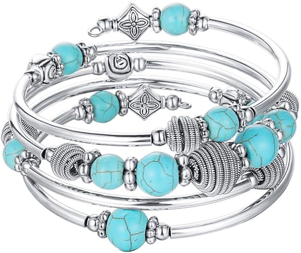 Amazon Co Jp Pearl Club ビーズチャクラバングル ターコイズ ブレスレット ファッションジュエリー ラップブレスレット 厚手 シルバーメタル マーラービーズ 誕生日のギフト レディース ブルー ジュエリー