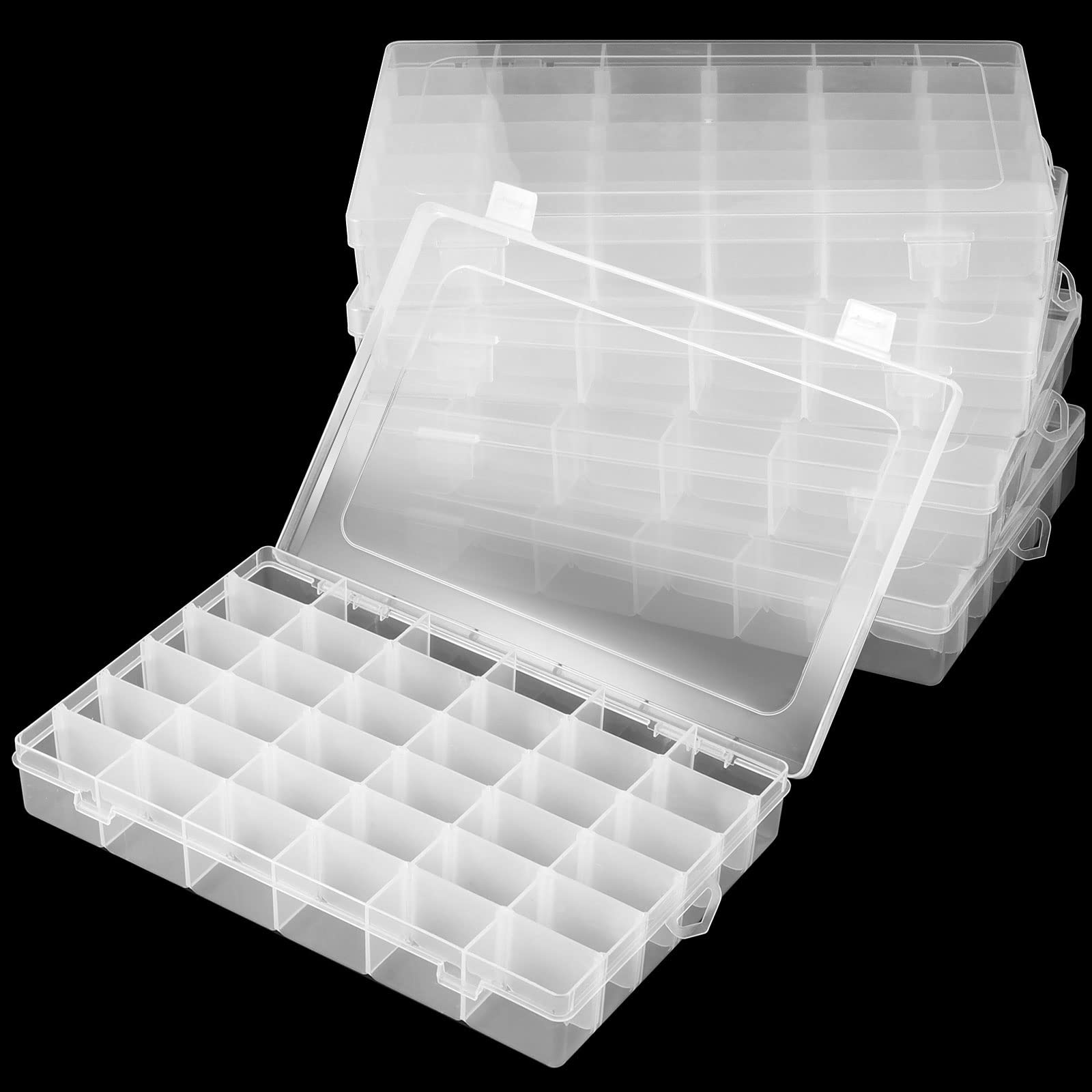 ZEONHEI 4 Pack 36 Grids Clear Bead Storage Box, Plastic Earring Divider Box, Jewellery Organisers Containers with Adjustable Compartments for Craft Sewing Diamond Art Screw
