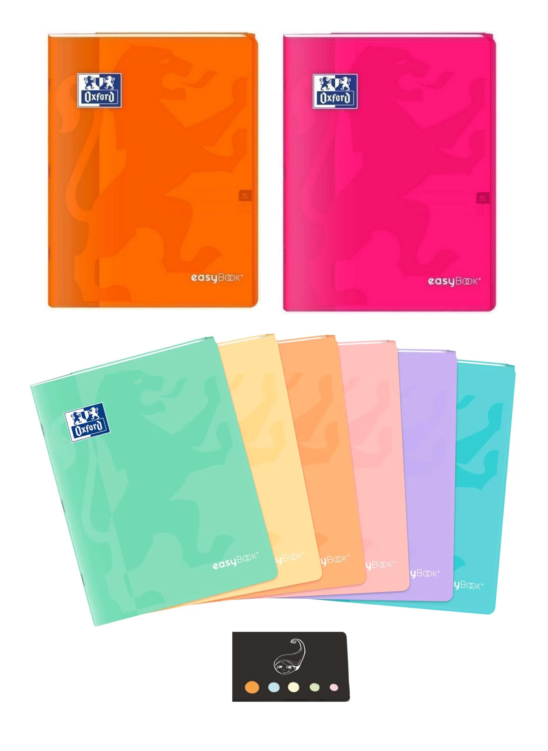 Pack of 5 EasyBook Polypropylene Flap Notebooks - 24 x 32 cm - Large Séyès Squares - 96 Pages - Assorted Colours + 1 Blumie Index (Pastel + Bright, 5 Notebooks)