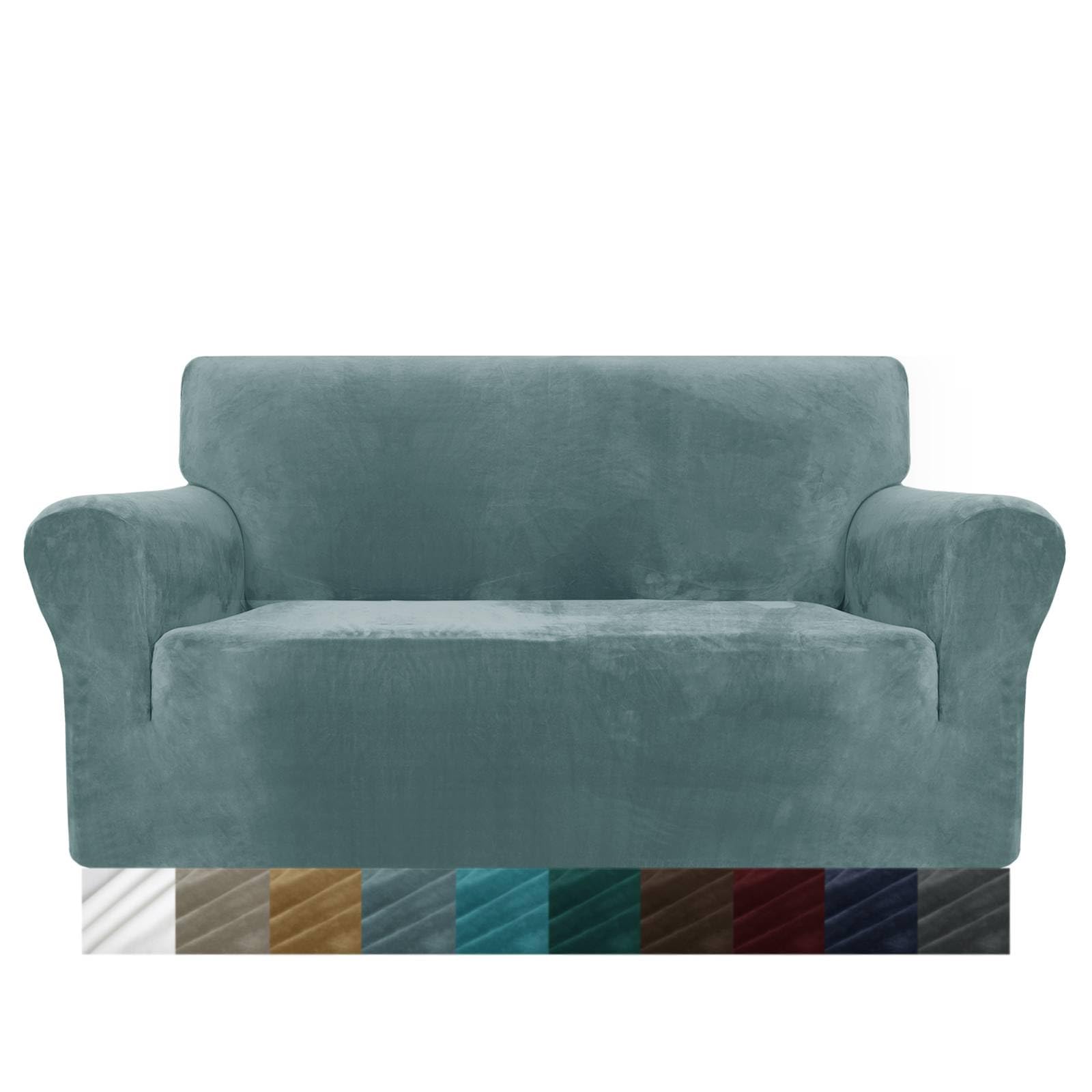 MAXIJIN Thick Velvet Sofa Covers 2 Seater Super Stretch Non Slip Loveseat Covers for Living Room Dogs Cat Pet Plush Love Seat Couch Slipcovers Elastic Furniture Protector (2 Seater, Dusty Blue)