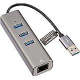 Amazon Basics Aluminum 3-Port USB 3.0 Hub with 10/100/1000 Mbps RJ45 Gigabit Ethernet Port, Grey