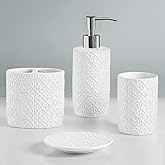 Martha Stewart Ceramic Bathroom Accessories Set, Vanity Decor Storage Organizer, Embossed Damask Medallion, Lotion/Soap Dispenser, Toothbrush Holder, Tumbler, Trinket Dish, Assorted Sizes White