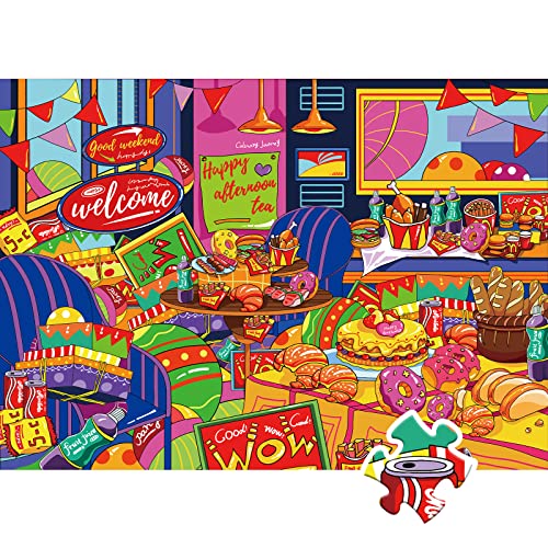 HXMARS Colorful Jigsaw Puzzles 500-Pieces: Afternoon-Tea Puzzle with Donuts Hamburger French Fries Food, 20.5
