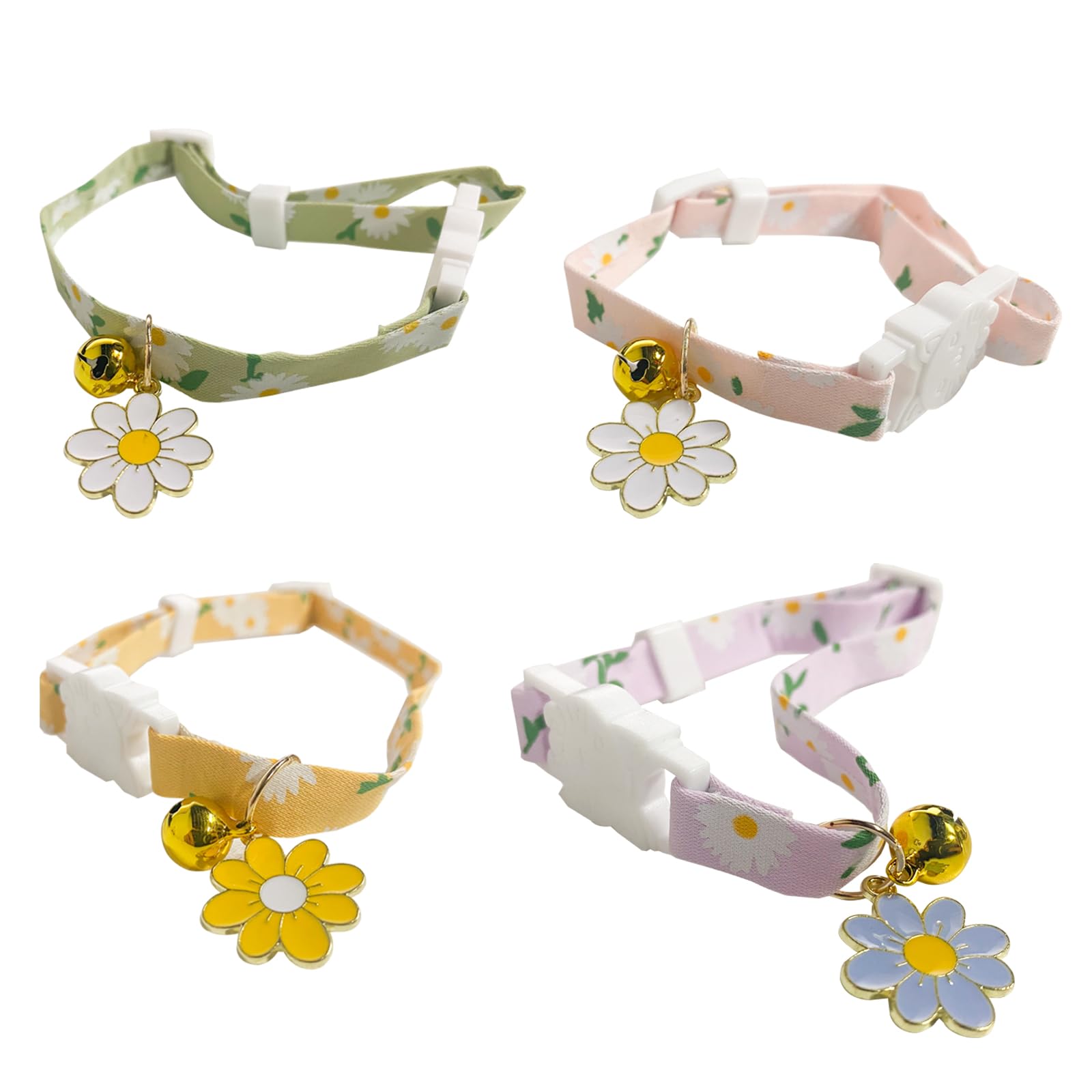 4Pcs Cat Collars Adjustable(18cm-30cm) Kitten Collars with Floral Bells Cute Kitten Collars Collars Pendant Cat Collar for Puppies, Small Pet (Yellow+Pink+Green+Purple)