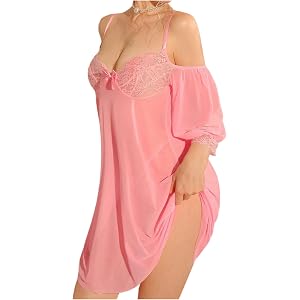 OYOANGLE Lingerie for Women Long Sleeve Lace Trim Cold Shoulder Nightgown and Panty Set Boudoir Outfits