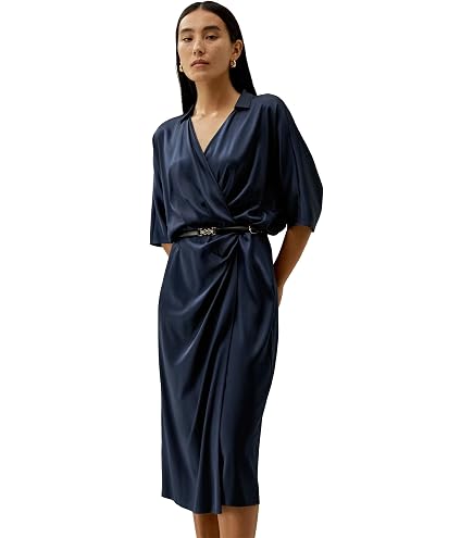 LilySilk Silk Wrap Dress for Women Front Tie Half Sleeve Umbrella Hem V-Neck Casual or Work Summer Silk Dresses Navy XS : Clothing, Shoes & Jewelry