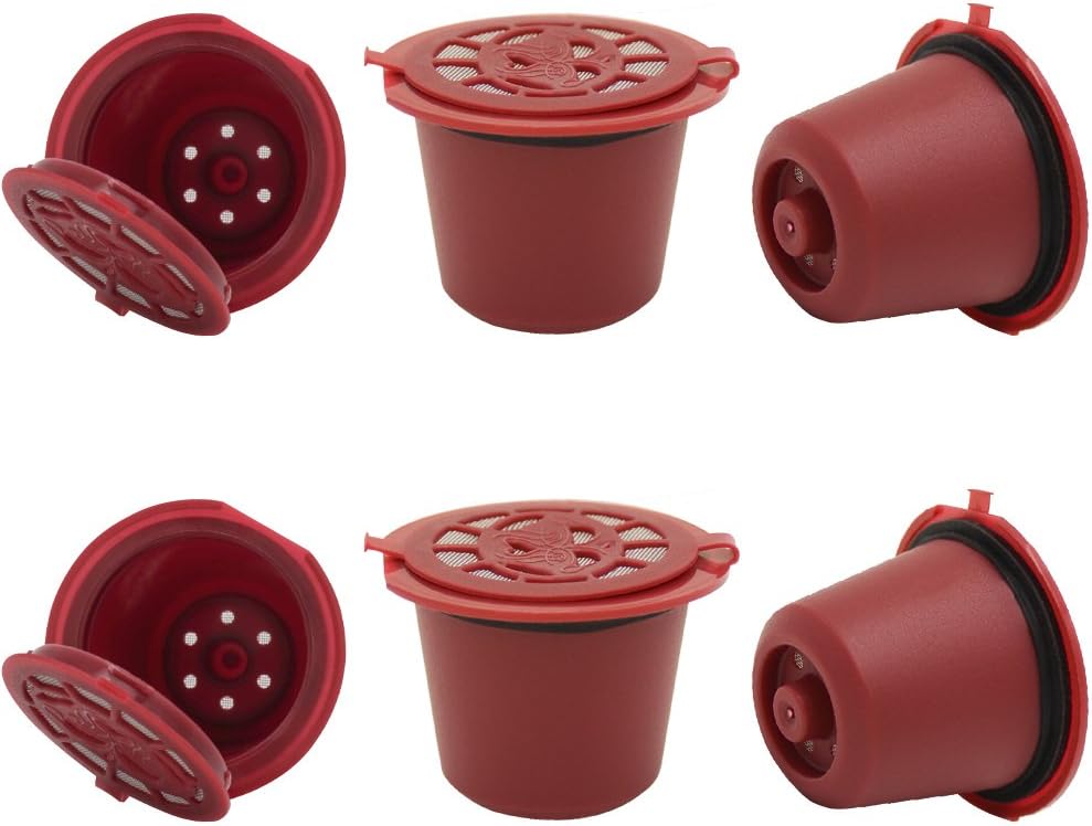 i Cafilas Reusable Capsules Refillable Coffee Capsule Filter Compatible for coffee machines with Coffee Spoon brush (6, Red)