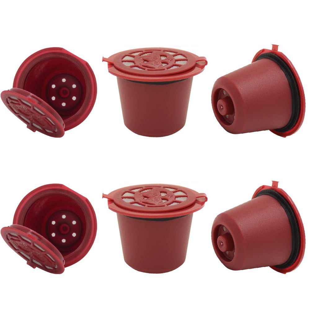 i Cafilas Reusable Capsules Refillable Coffee Capsule Filter Compatible for coffee machines with Coffee Spoon brush (6, Red)