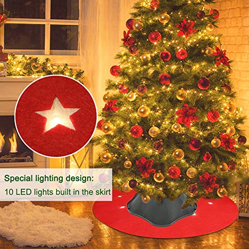 Juegoal Reversible Christmas Tree Stand Mat with 10 LED Star Lights Battery Operated, 8 Lighting Modes Christmas Tree Floor Protector, 40 Inches Light Up Xmas Tree Pad Holiday Party Decorations, Red