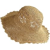 Women Summer Handmade Crochet Straw Beach Hat Simple Woven Hollow Large Brim Sun Hat Leisure Vacation Khaki Cap