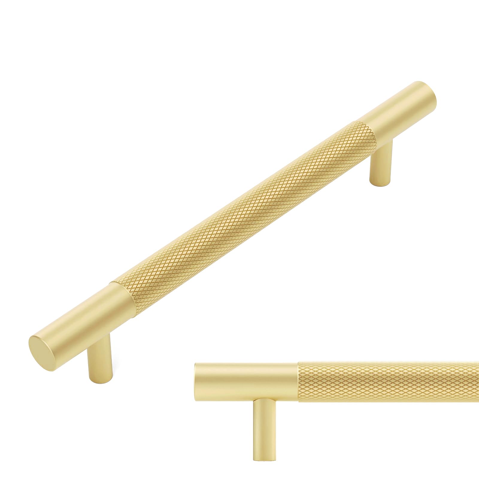 LONTAN 2 Pack Gold Handles for Cupboards 128mm Hole Centers Sandy Gold Knurled Drawer Handles