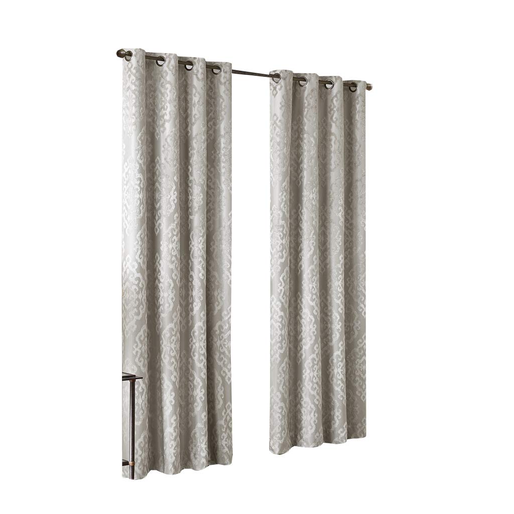 Sun Smart Mirage 100% Total Blackout Single Window Curtain, Knitted Jacquard Damask Room Darkening Curtain Panel with Grommet Top, 50 x 84 in, Silver — image 1