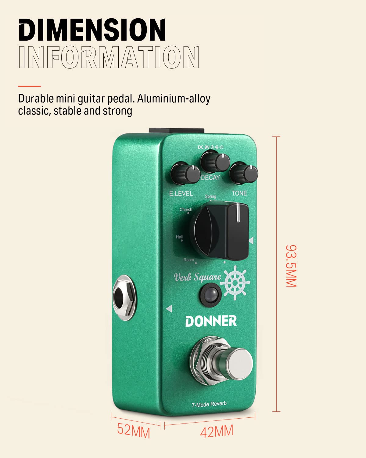 Donner Reverb Guitar Pedal, Verb Square Digital Reverb 7 Modes Room, Hall, Church, Spring, Plate, Studio, Mod, True Bypass