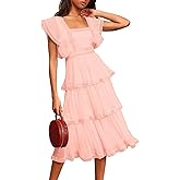 ETCYY Women's Summer Ruffle Dress Tiered Layed Chiffon Lace Short Sleeve Boho Floral Print Party Wedding Guest Maxi Dresses