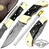 Buffalo Horn 5.5'' Custom Handmade Damascus Steel Double Brass Bloster with Sharpening Rod Folding Pocket Knife Back Lock 100% Prime Quality Come with Leather Sheath